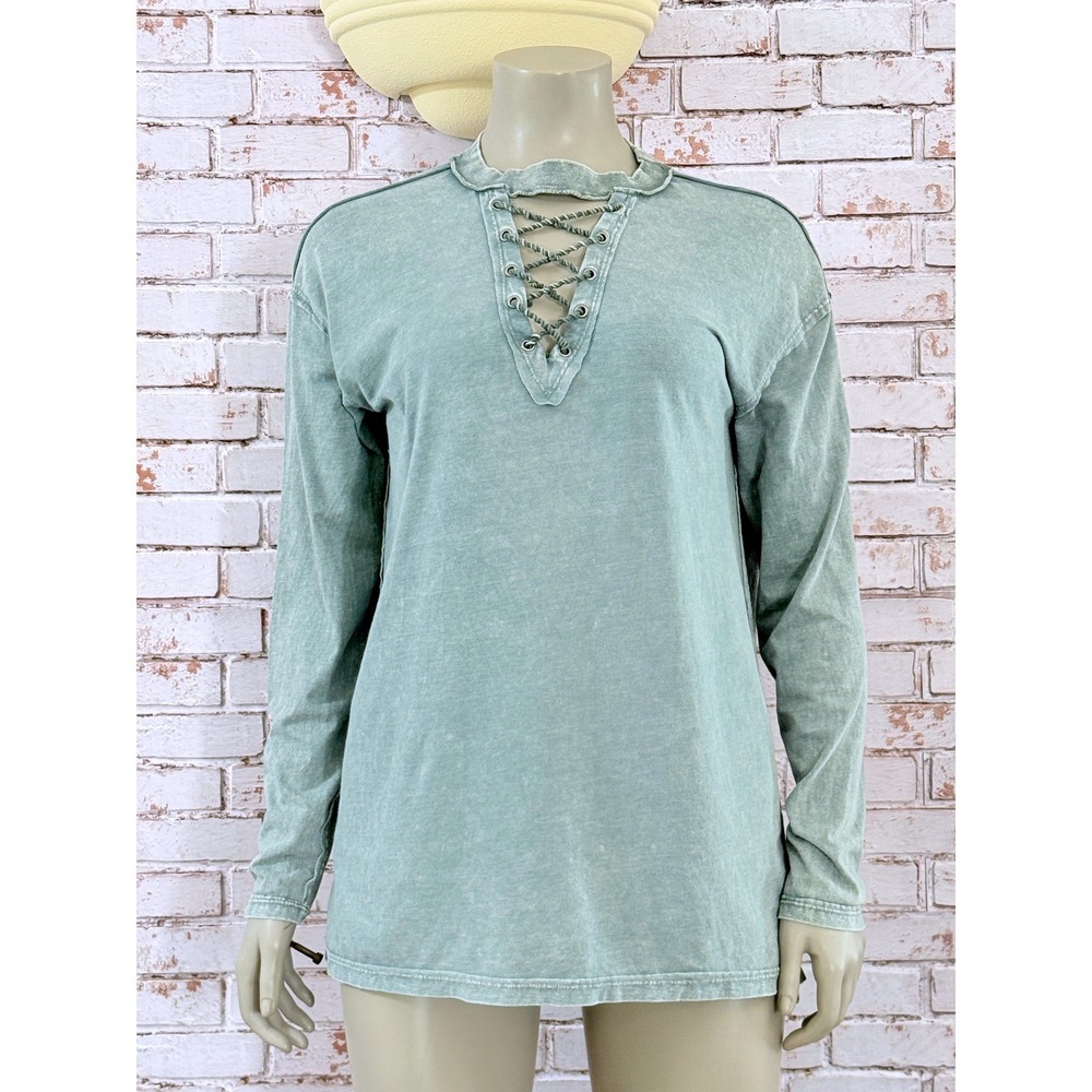 Easel Sage Green Mineral Wash Lace Up Long Sleeve Top Distressed Small Oversized